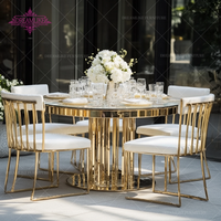 Table à manger ronde moderne en acier inoxydable doré avec dessus en verre pour 8 personnes pour les fêtes et événements en plein air dans les hôtels