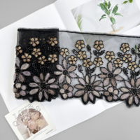 Garniture en dentelle florale perlée noire en gros |   Dentelle brodée de perles faite à la main pour vêtements Abaya et accessoires de robe de soirée