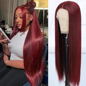 Proveedor al por mayor 99J <span class=keywords><strong>largo</strong></span> 13x4 encaje frontal Peluca de cabello humano negro mujeres Borgoña rojo sedoso recto peluca con malla frontal - Product Image 5