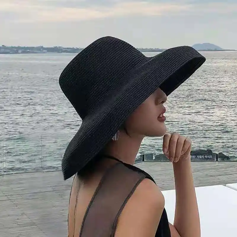Neue stilvolle Retro Damenmode Eimer Hut große Krempe Sommer Sonnenschutz Fischer Hut Stroh Strand Hut
