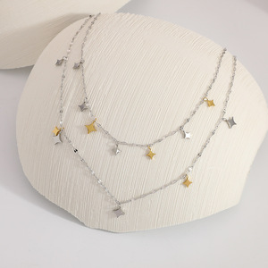 Collier superposé en acier inoxydable avec pendentif étoile, chaîne de clavicule or et argent, style élégant - Product Image 1