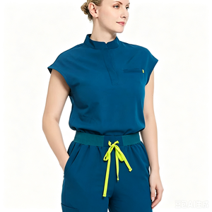 Blouse médicale à col montant, demi-fermeture, manches courtes, multipoches, extensible, uniforme médical OEM, pour infirmières de cliniques esthétiques et dentaires - Product Image 2