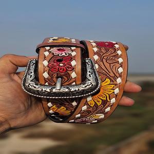 Cinturón de cuero de estilo occidental con elegante hebilla plateada o latón, accesorios de moda - Product Image 5