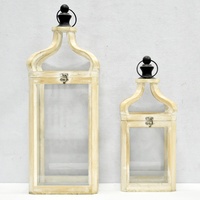 Lanterne en bois rétro Chic Shabby avec verre, lanterne de bougie décorative en bois blanc délavé, lanterne de ferme à suspension