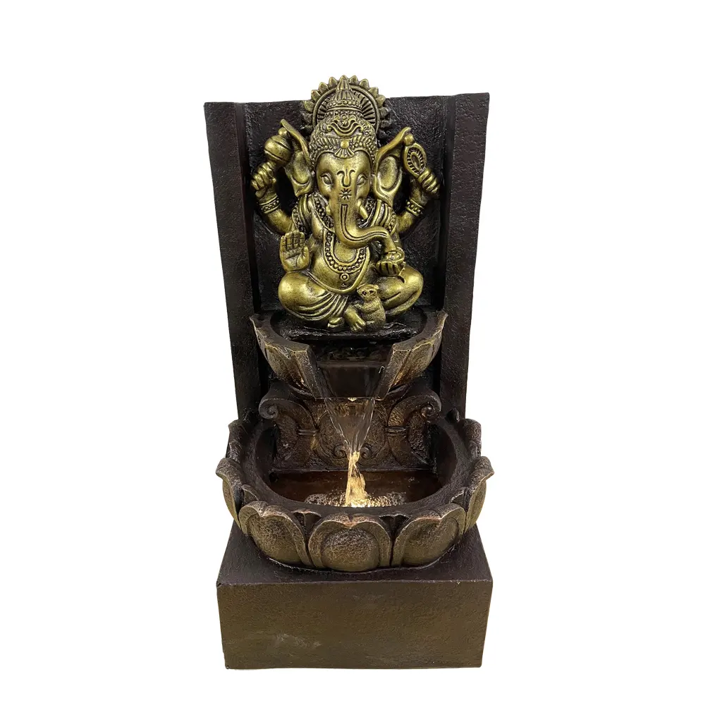 Fontana con funzione d'acqua all'aperto con statue di buddha indù sedute a led per la meditazione della decorazione domestica