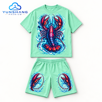 Ensemble T-shirt et short en tricot personnalisé unisexe en mélange de coton respirant avec imprimé numérique graphique de homard électrique, style streetwear, avec short à cordon de serrage
