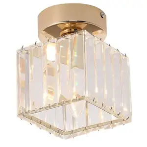 Lampu Plafon Flush Mount Kaca Emas, Lampu Liontin Modern Semi Kristal untuk Pintu Masuk Lorong Kamar Tidur