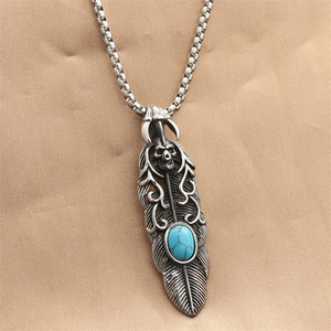 yunnique Eagle Feather Pendant Stainless Steel Turquoise Inlay Men's Necklace <b>Punk</b> Retro Style - Product Image 1