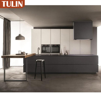Lemari Dapur Modern dengan Pulau, Perabot Dapur dengan LED, Abu-abu Tua, Warna Kayu Hitam