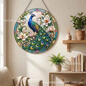 Colgante de Pavo Real de Vidrio Teñido Haiqi, Adorno Circular de Vidrio con Plomo para Colgar en Ventanas, Decoración para el Hogar - Product Image 2
