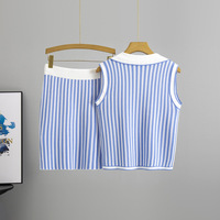 Ensemble d'été tricoté en nylon/coton anti-plis style preppy : haut rayé sans manches à col mandarin avec poches + jupe fourreau taille haute