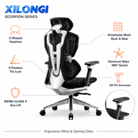 Silla de Juego Ergonómica BIFMA CLASE 4, Silla de Oficina Reclinable con Respaldo Alto de Malla, Reposabrazos de PU 6D y Reposacabezas en Forma de U