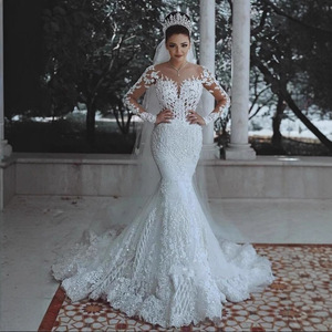 Robe de mariée sirène longue et luxueuse pour femme, style musulman, avec appliques fantômes, 100 % coton, collection 2026 - Product Image 1