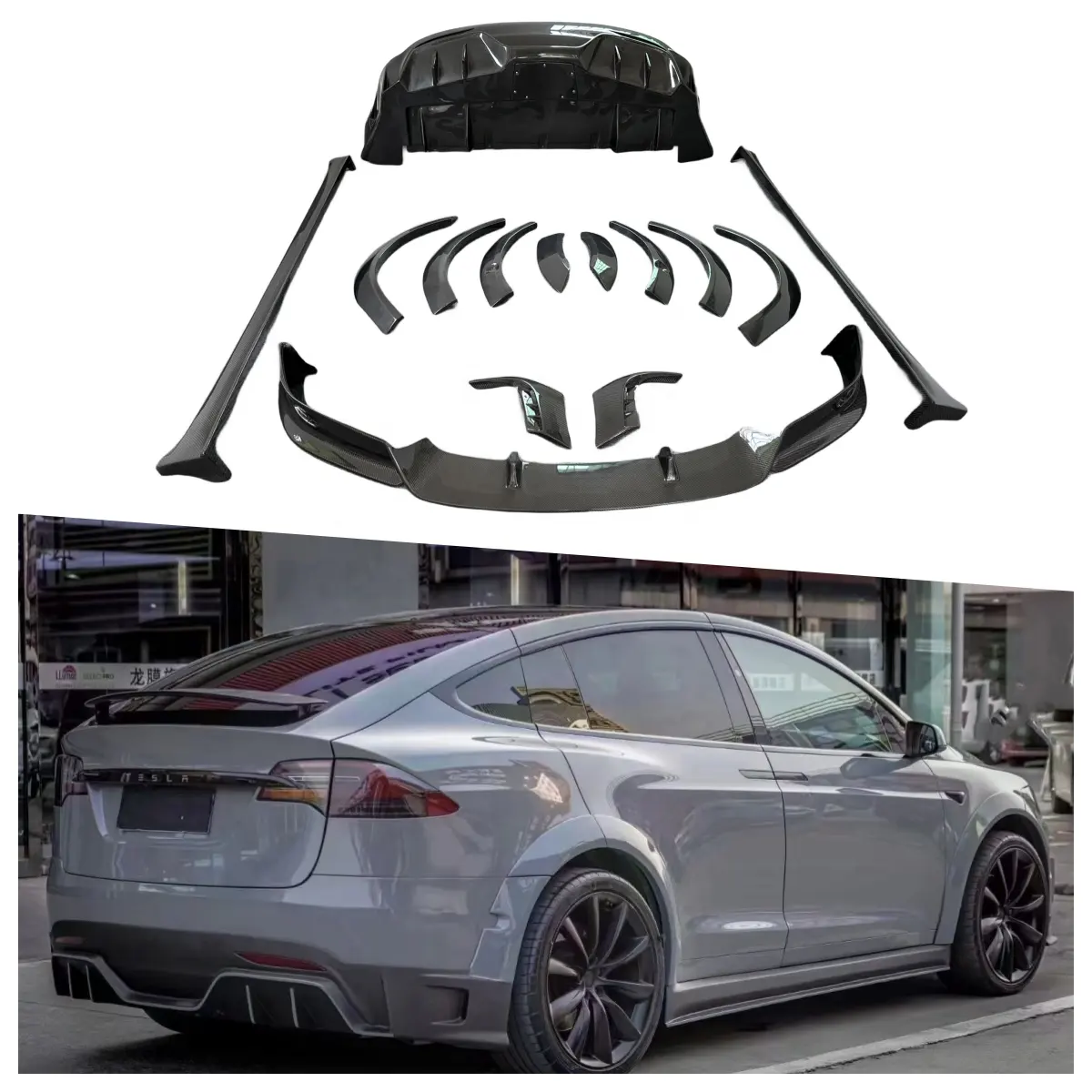 Hoogwaardige Carbon Fiber Body Kit Voor Model X Voorkant Lip Zijrok Diffuser Breed Spatbord Achterbumper