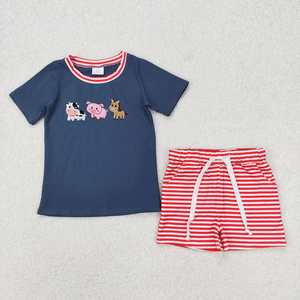 Ensembles de vêtements d'été pour bébés filles et garçons, t-shirt décontracté à manches courtes avec broderie d'animaux de la ferme et short rayé, tenues en coton - Product Image 3