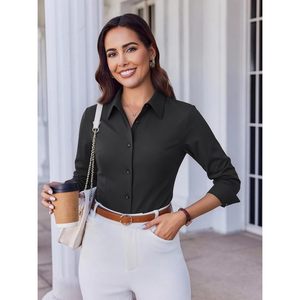 Custom Womens Dress Shirt Long Sleeve Black Wrinkle Free Stretch Work <b>Blouse</b> Regular Fit Solid Business Shirt - Product Image 3