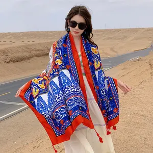 Women's And Girls' Vintage Autumn Scarf Cotton Linen Satin Tassel Flower Print Sequins Long Polyester Scarf Fashion Style