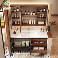 Meuble-lavabo mural double vasque en bois massif moderne OEM 2025 avec miroir LED et robinet pour salle de bain et chambre à coucher