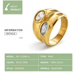 Bague double ovale dorée avec pierres, bande large sculptée croisée, bijou moderne et audacieux - Product Image 5