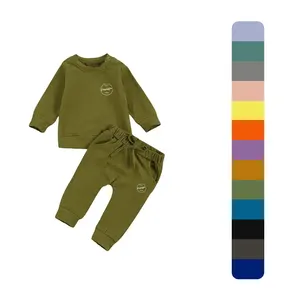 OEM Fornecedores de Roupas Infantis Loose Drop Shoulder Crianças Kid Baby Vestuário Calças E Camisola Conjunto Com Botão Para Meninas