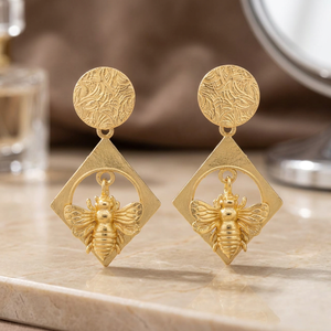 New Arrival <b>Gold</b> Plated Ethnic Beautiful Classic Unique Geometric Bee Design Drop <b>Earrings</b> <b>Set</b> for Party Occasions - Product Image 2