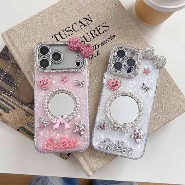 For 17 Pro Max Pearl Bow Round Mirror Phone Case PC Luxury Rhinestone Star Women Korean Fashion iPhone Cover for 16 15 14 Plus