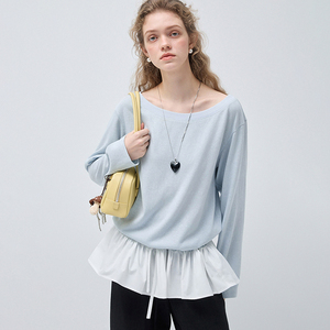 VEGA CHANG Ingrosso 2026 Nuova Maglietta da <span class=keywords><strong>Donna</strong></span> Primaverile <span class=keywords><strong>Azzurra</strong></span> con Orlo Asimmetrico a Balze Vestibilità Rilassata Manica Lunga - Product Image 1