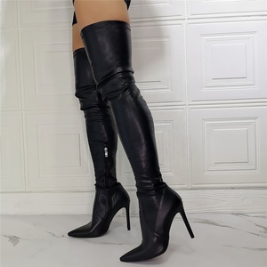 Bottes hautes pour femmes en PU lisse avec talon aiguille, fermeture éclair latérale, talon fin, bottes cuissardes pour femmes, grandes tailles 47 - Product Image 5