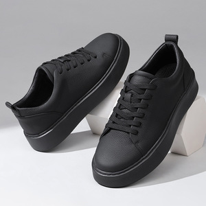 <b>Matte</b> Black Low Top Deck Shoes Classic Lace Up Skate Shoes Sturdy Stitching Soft Breathable Leather For Daily Street Outfit - Product Image 5