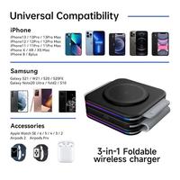 Chargeur sans fil magnétique pliable 3 en 1 portable 15W à charge rapide pour iPhone, Apple Watch, AirPods, Samsung Galaxy Buds