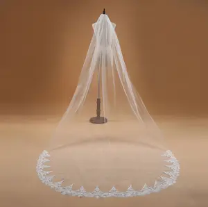 Kerudung Pengantin Satu Lapis 3 Meter, Aplikasi Renda Kain Tule Putih/Gading Panjang untuk Pernikahan dengan Sisir