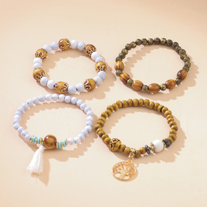 Bohemian Style Multi Layered Wooden <b>Bead</b> Bracelet <b>Set</b> Tree Of Life Charm Elastic Unisex Jewelry Yiwu Origin - Product Image 2