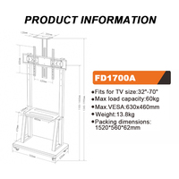 Support TV mobile robuste avec roulettes pour téléviseurs de 32 à 70 pouces, prix d'usine OEM ODM