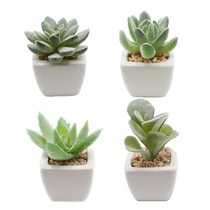 Set 4 tanaman sukulen buatan hijau Mini, pot tanaman keramik putih persegi