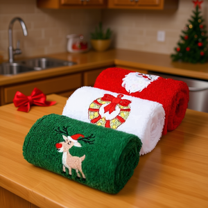 Ensemble de torchons de cuisine en coton brodé de Noël, forme rectangulaire, design décoratif festif pour salle de bain et séchage de la vaisselle - Product Image 2