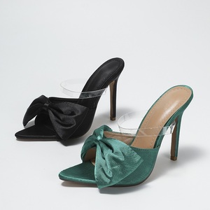 2025 Spring and Summer New Style Pointed Toe Bow Thin Super High Heel Women's Sandals 11cm Fashion <b>Slippers</b> - Product Image 1