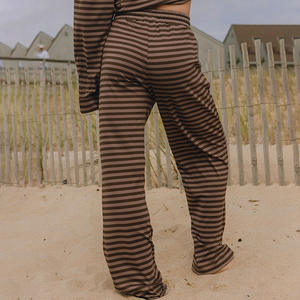 Viviblook Q25ST338 Nouvel ensemble deux pièces pour femme : T-shirt rayé imprimé à col rond et manches longues avec pantalon à cordon de serrage - Product Image 3