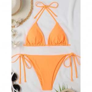 Traje de Baño de Una Pieza con Tirantes, Color Naranja Brillante, Texturizado, Sexy, de Secado Rápido, con Sujetador Push-Up, Conjunto de Bikini Triangular - Product Image 1