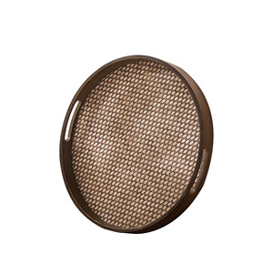 Round Bamboo Serving <b>Tray</b> With Geometric Weave Pattern For <b>Tea</b> And Fruit Serving In Living Room Home Decor - Product Image 1