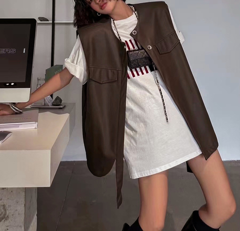 4111 New Design Sleeveless Leather Jacket Single Breasted Loose Women's Real Leather Vest Brown