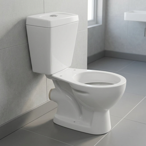 Inodoro de cerámica moderno de dos piezas con descarga a pared, blanco brillante, cuadrado, de porcelana, para baño. - Product Image 1