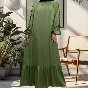 9.9 Popular Dress Rose Satin Material Crew Neck Elastic Cuff Pleated Dress Classy Muslim <b>Islamic</b> Women Abaya Dress 6582# - Product Image 2