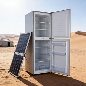 Réfrigérateur <span class=keywords><strong>solaire</strong></span> à double porte 198L avec compartiment supérieur en argent, adaptateur 12V AC/DC, panneau et <span class=keywords><strong>batterie</strong></span> inclus, idéal pour les hôtels - Product Image 3