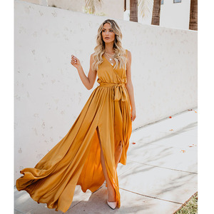 Robe longue sans manches à col en V avec fente haute, taille naturelle respirante pour femmes, robes de cocktail - Product Image 2