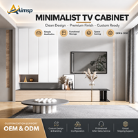 Meuble TV mural minimaliste sur mesure, console flottante en bois grainé, plateau mat foncé, armoires murales blanches, gain de place pour appartement moderne