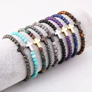 High Quality New Design 4mm Natural Stone Bracelet Elastic Men Tiger Eye Hematite Jasper Stainless Steel Mini Cross Bracelet