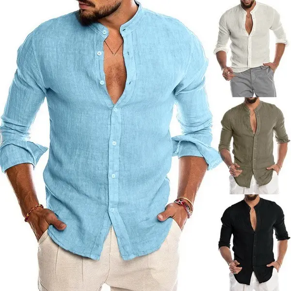 2024 Hot Selling V-Hals Linnen Shirt Heren Losse Tops Lange Mouwen T-Shirt Heren Lente Blouses & Shirt Casual Heren Shirt