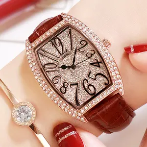 최고 브랜드 전체 다이아몬드 시계 우아한 숙녀 시계 정품 브라운 로즈 골드 컬러 여성 손목 가죽 일본 운동 시계