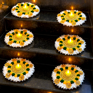 Circular Staircase Floor Rangoli Mat Gilded Center Ring <b>Yellow</b> Green Color <b>Wool</b> Pom-pom Pleated Paper Border Tealight Diya Plate - Product Image 1