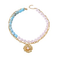 Collier superposé en perles baroques et pierres précieuses de jade bleu, pendentif floral vintage doré, bijoux de mode
